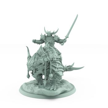 horned human warrior lifting sword in triumph atop armored beast from unchained collection