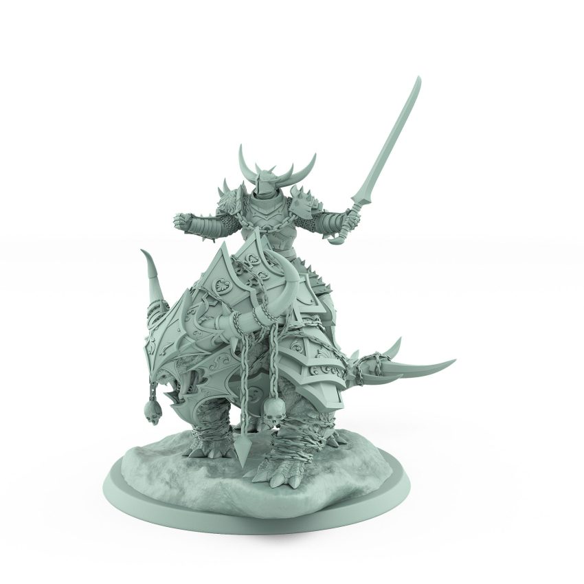 horned human warrior lifting sword in triumph atop armored beast from unchained collection