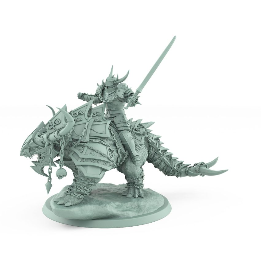horned human warrior lifting sword in triumph atop armored beast from unchained collection
