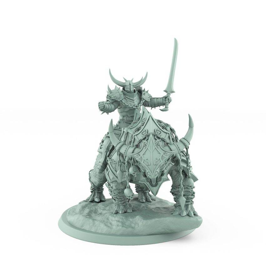 horned human warrior lifting sword in triumph atop armored beast from unchained collection