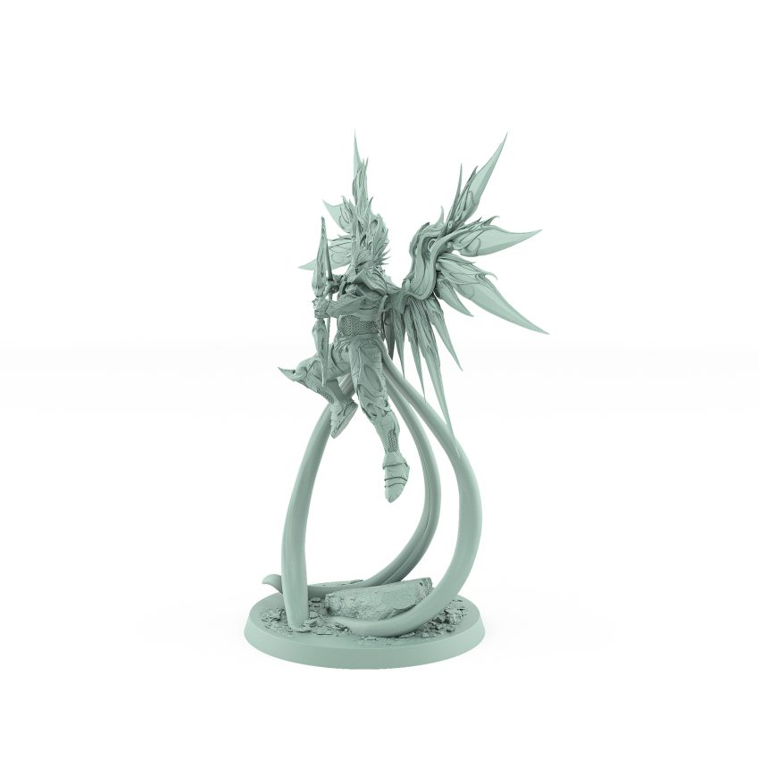 celestial angelic archer with wings and divine armor flying pose