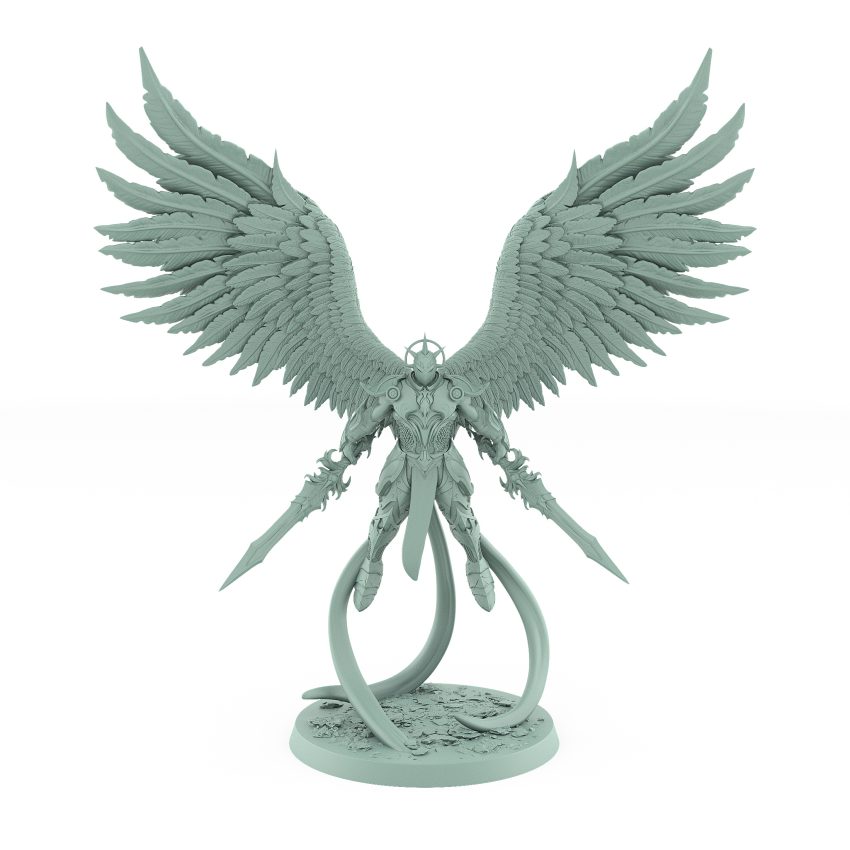 celestial angelic archer with wings and divine armor flying pose