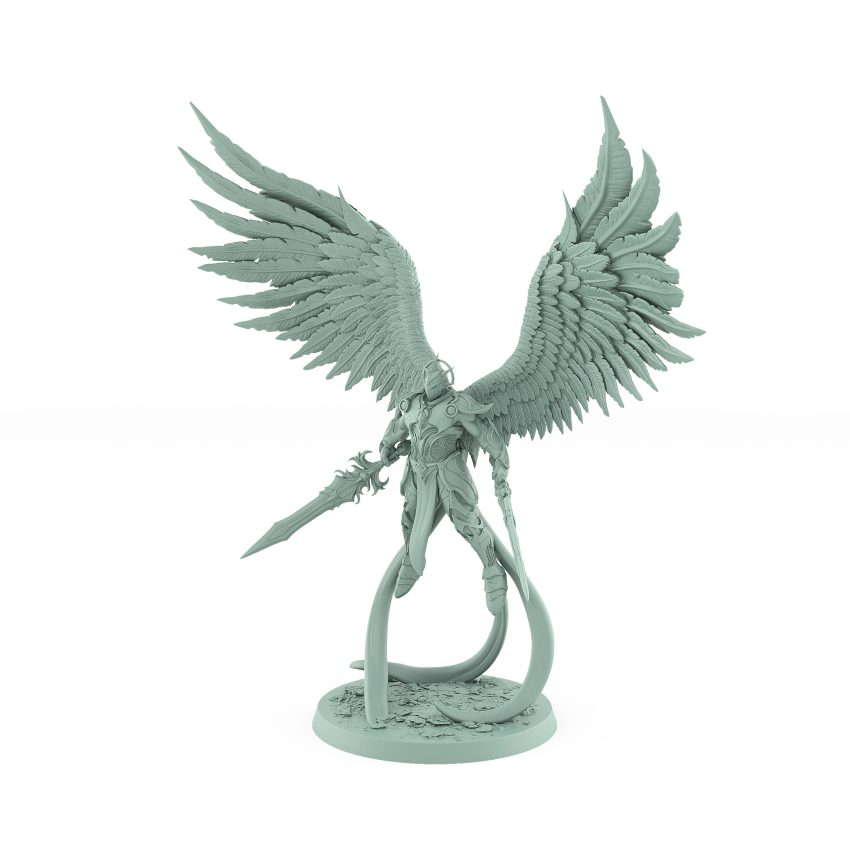 celestial angelic archer with wings and divine armor flying pose