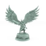 celestial angelic commander with wide wings and divine spear on rocky base
