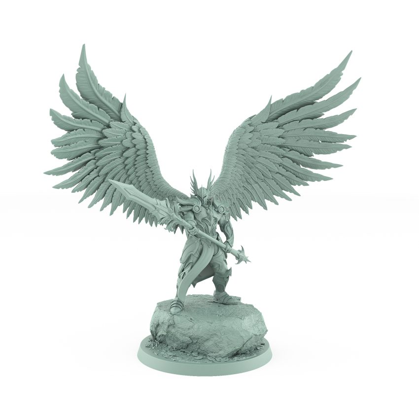 celestial angelic commander with wide wings and divine spear on rocky base