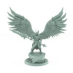 celestial angelic commander with wide wings and divine spear on rocky base