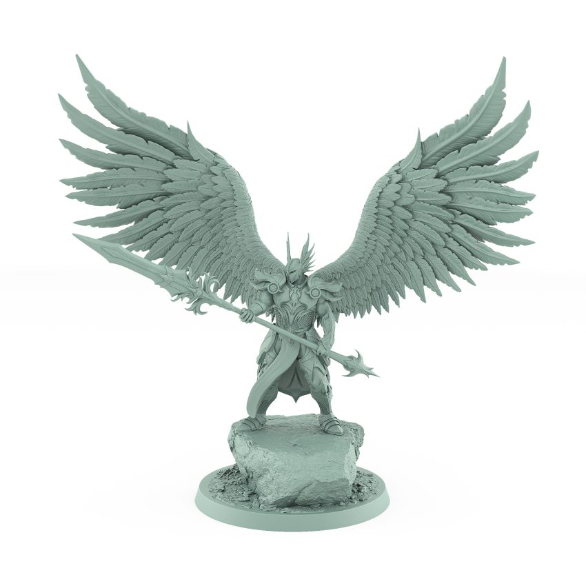 celestial angelic commander with wide wings and divine spear on rocky base