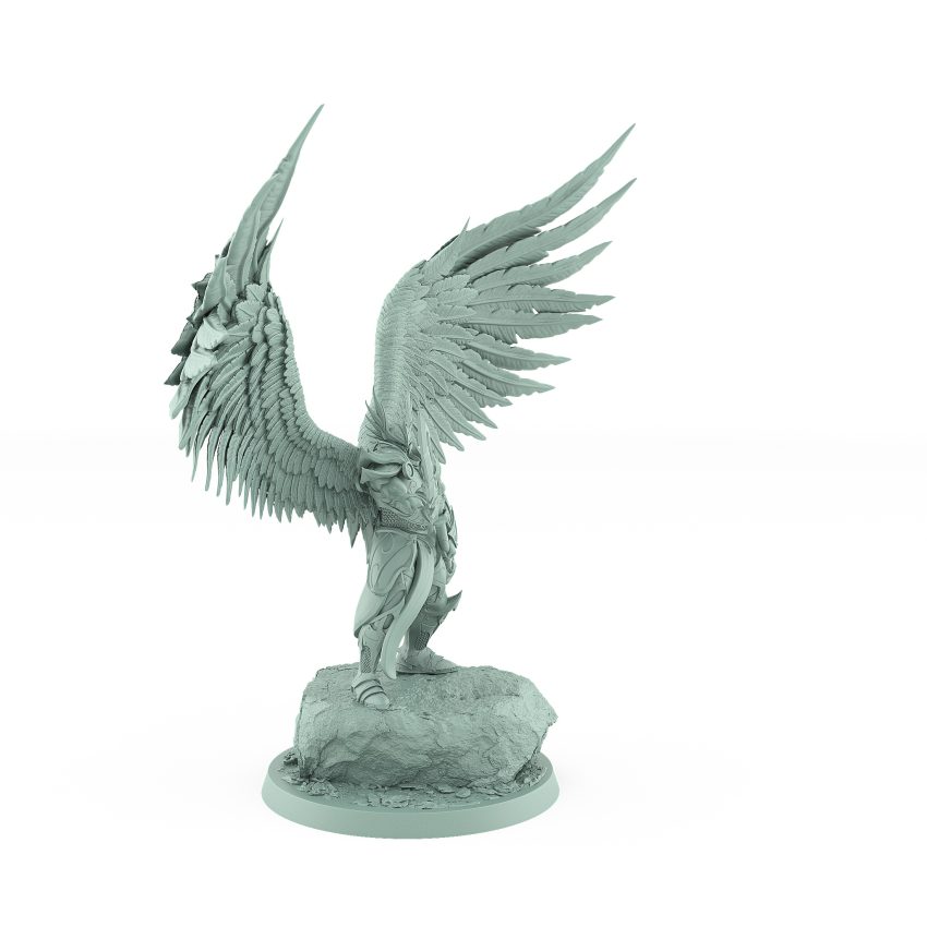 celestial angelic commander with wide wings and divine spear on rocky base