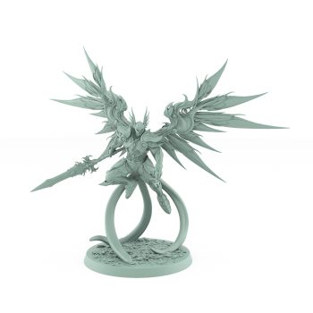 celestial angelic commander with wide wings and divine spear on rocky base