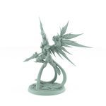celestial angelic commander with wide wings and divine spear on rocky base