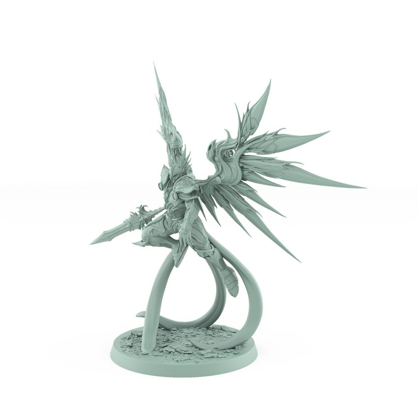 celestial angelic commander with wide wings and divine spear on rocky base