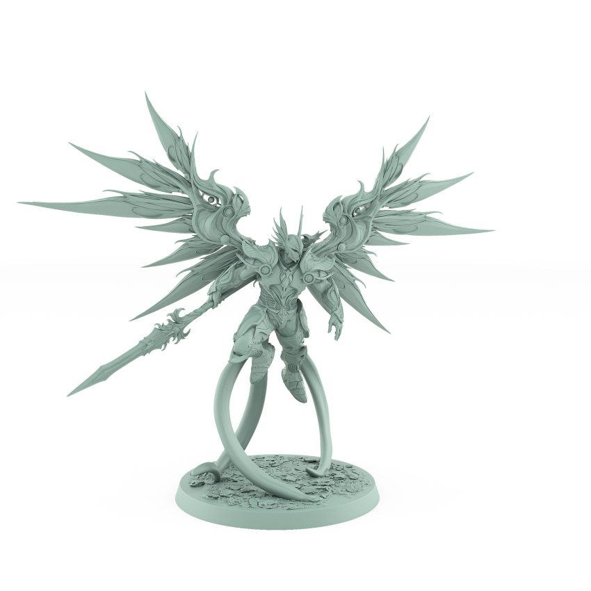 celestial angelic commander with wide wings and divine spear on rocky base