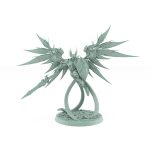 celestial angelic commander with wide wings and divine spear on rocky base