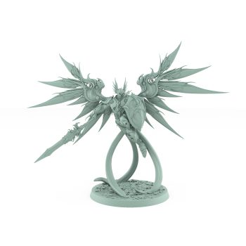 celestial angelic commander with wide wings and divine spear on rocky base