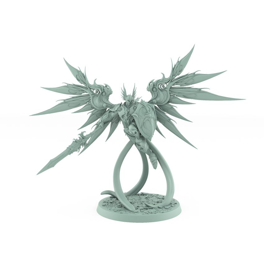 celestial angelic commander with wide wings and divine spear on rocky base