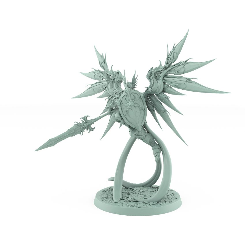 celestial angelic commander with wide wings and divine spear on rocky base