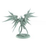 celestial angelic commander with wide wings and divine spear on rocky base