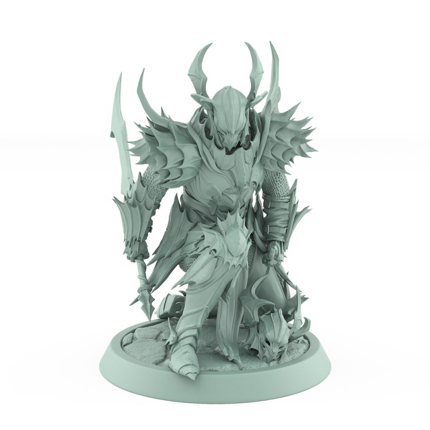 vampire knight miniature in spiked gothic armor kneeling with sword in hand