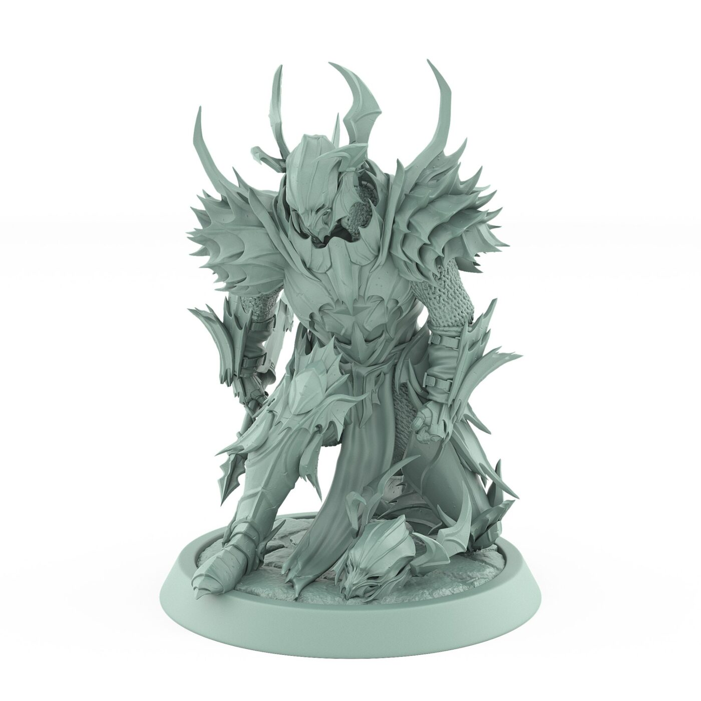 vampire knight miniature in spiked gothic armor kneeling with sword in hand