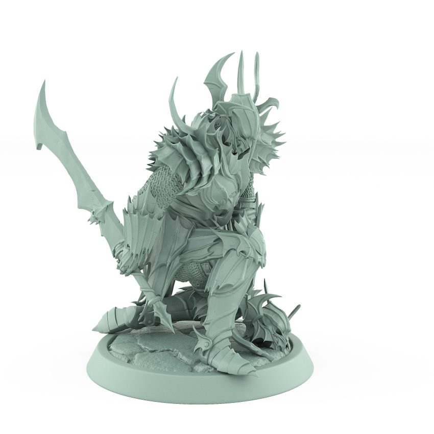 vampire knight miniature in spiked gothic armor kneeling with sword in hand