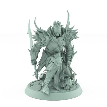 unhelmeted vampire knight miniature in ornate spiked armor kneeling with sword