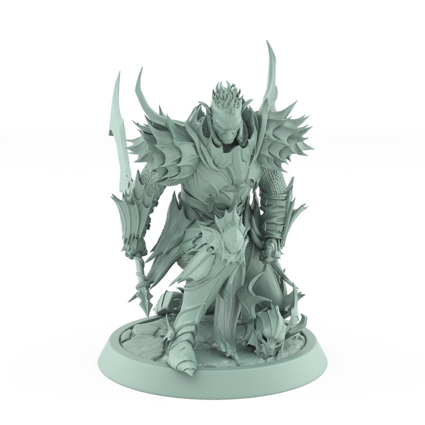 unhelmeted vampire knight miniature in ornate spiked armor kneeling with sword