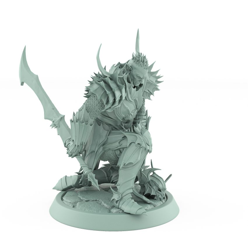 unhelmeted vampire knight miniature in ornate spiked armor kneeling with sword