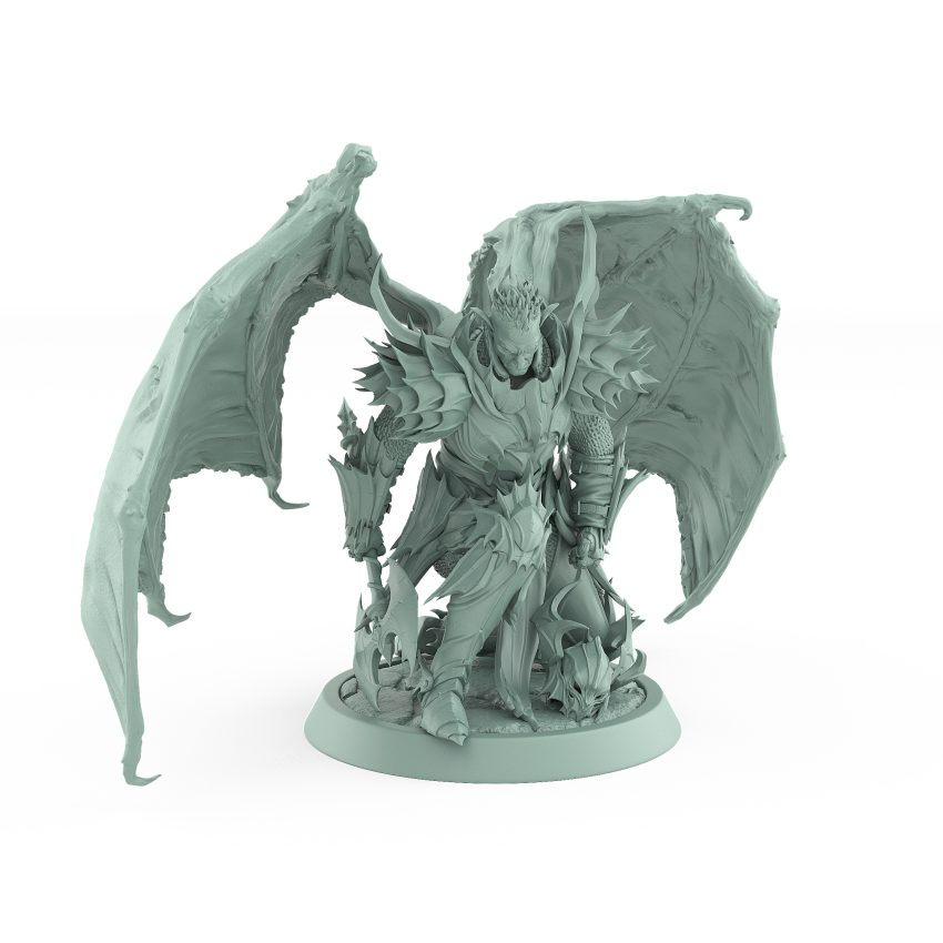 winged vampire knight miniature kneeling with axe and outstretched bat wings