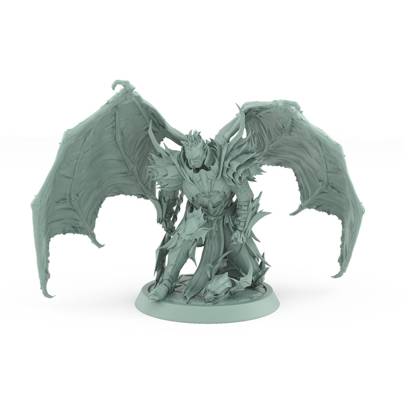winged vampire knight miniature kneeling with axe and outstretched bat wings