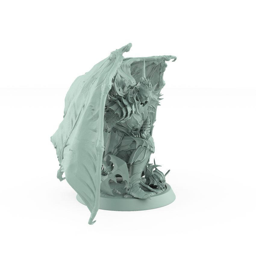 winged vampire knight miniature kneeling with axe and outstretched bat wings