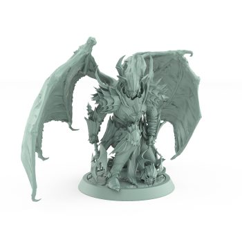 vampire knight miniature with bat wings horned helmet and battle axe kneeling in gothic armor