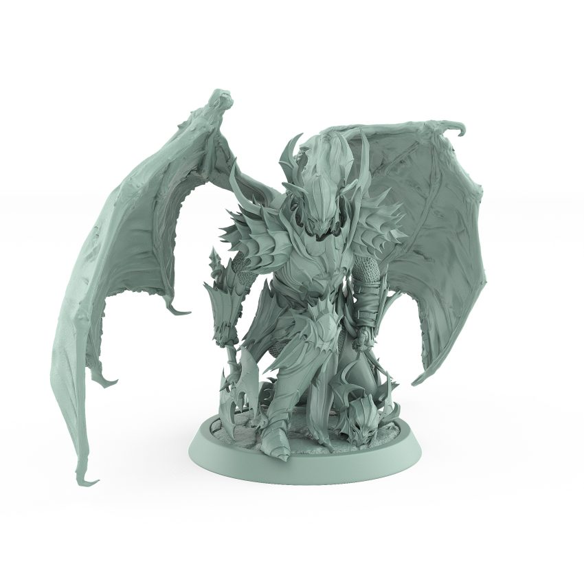 vampire knight miniature with bat wings horned helmet and battle axe kneeling in gothic armor