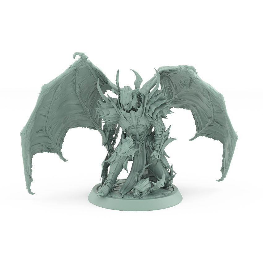 vampire knight miniature with bat wings horned helmet and battle axe kneeling in gothic armor