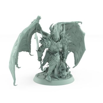 helmeted vampire miniature with wings and greatsword kneeling in gothic armor