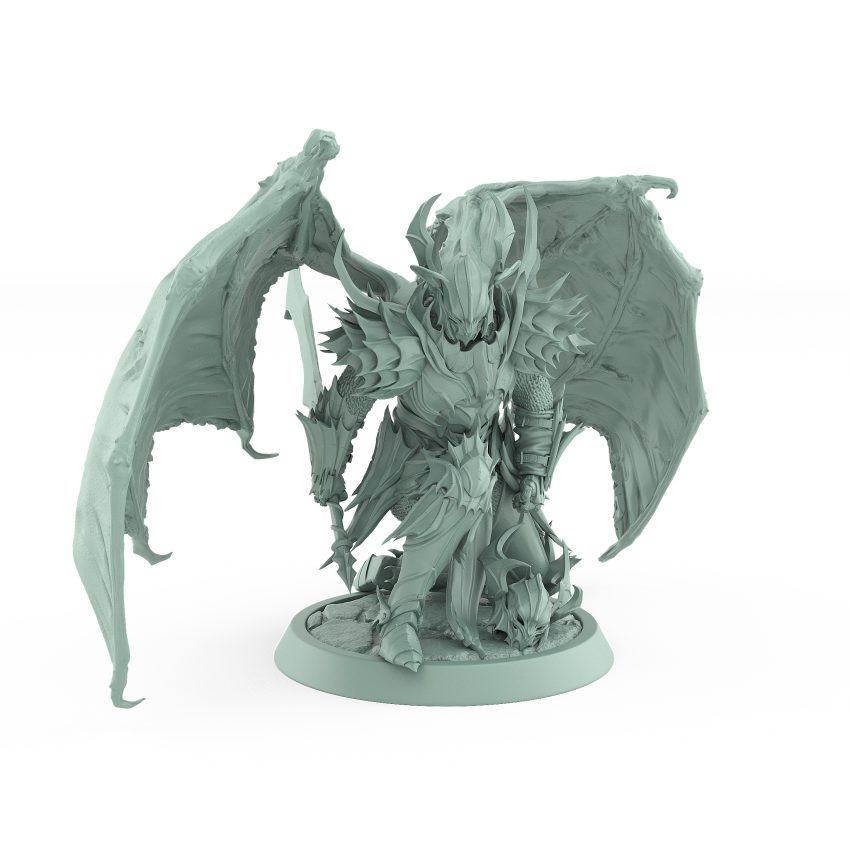 helmeted vampire miniature with wings and greatsword kneeling in gothic armor