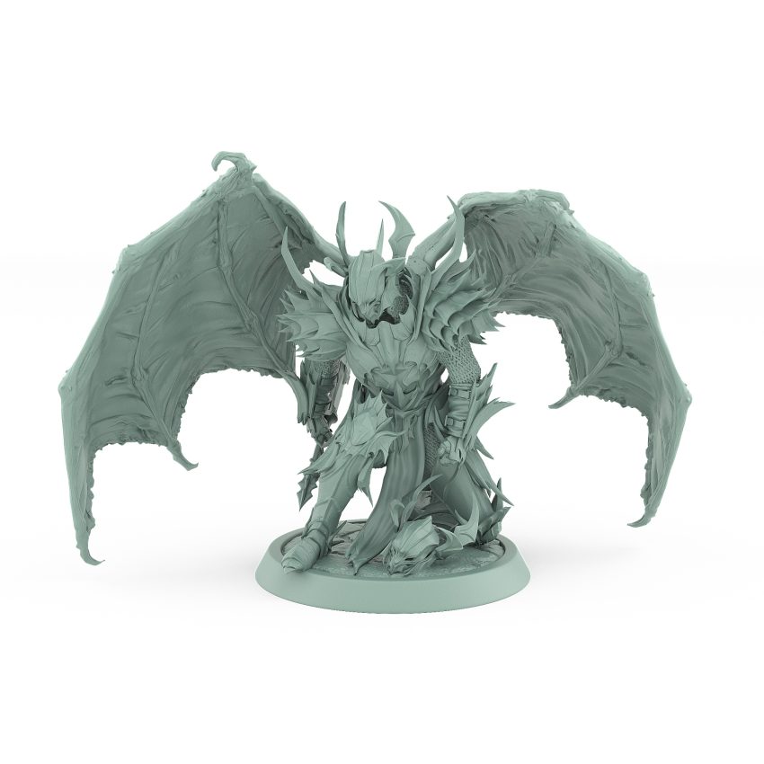helmeted vampire miniature with wings and greatsword kneeling in gothic armor