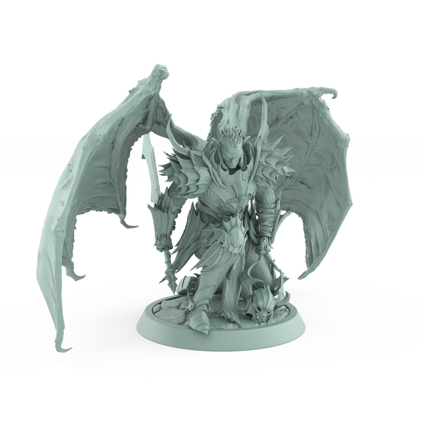 unhelmeted vampire miniature with wings and sword kneeling in gothic armor