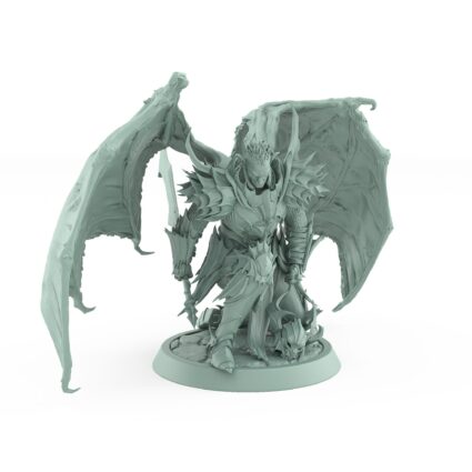 unhelmeted vampire miniature with wings and sword kneeling in gothic armor
