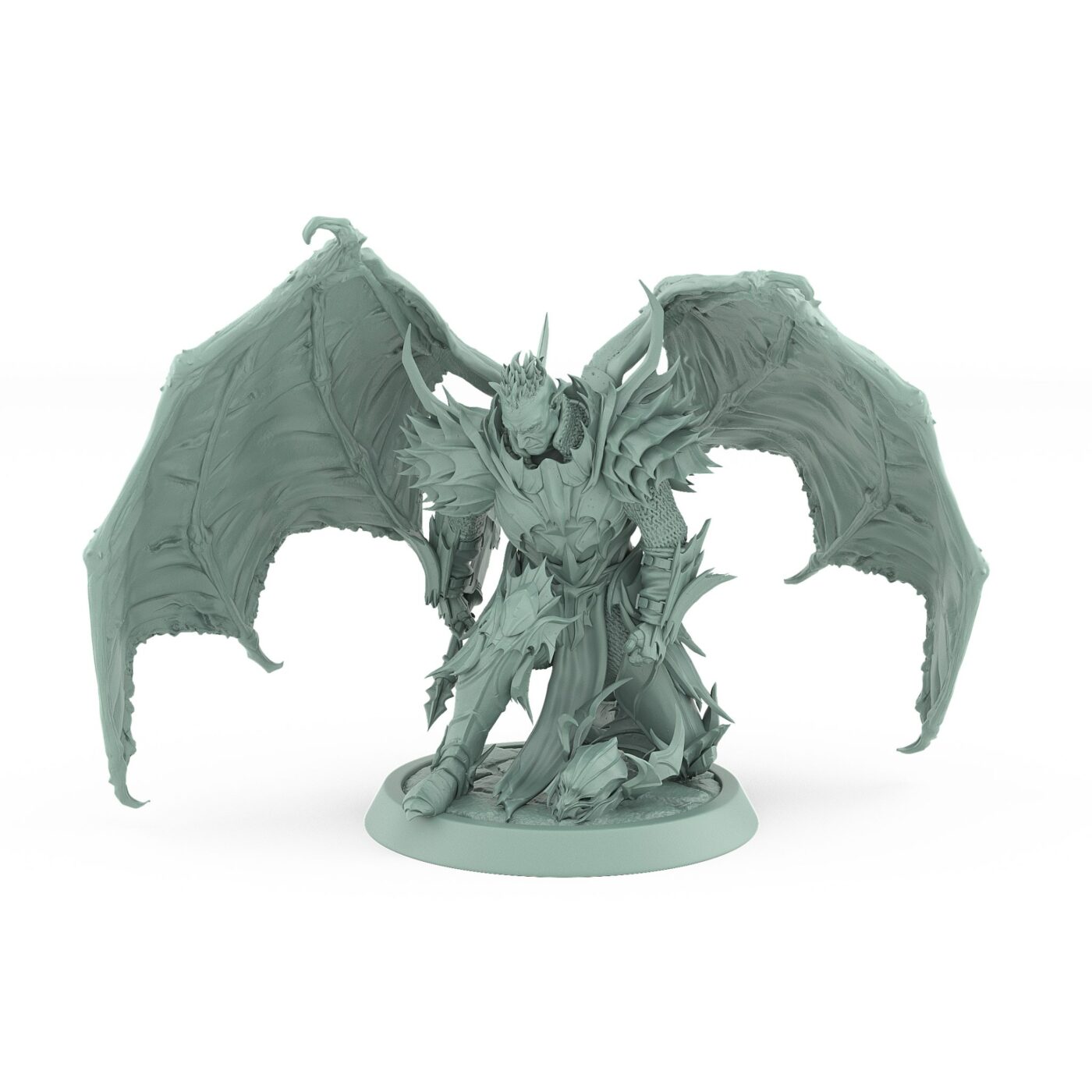 unhelmeted vampire miniature with wings and sword kneeling in gothic armor