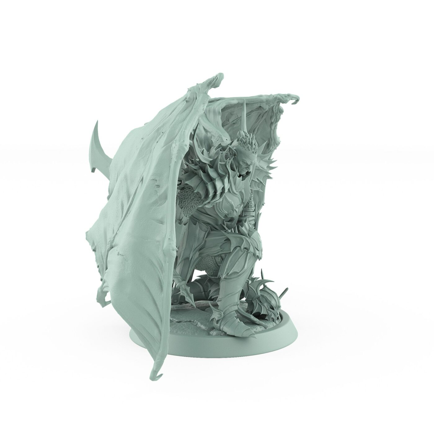 unhelmeted vampire miniature with wings and sword kneeling in gothic armor