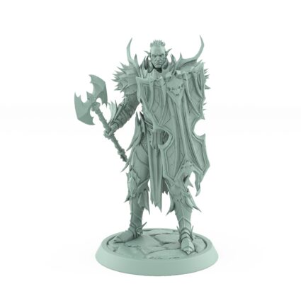 unhelmeted vampire miniature with axe and shield standing in gothic armor on stone base