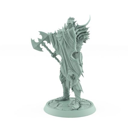 unhelmeted vampire miniature with axe and shield standing in gothic armor on stone base
