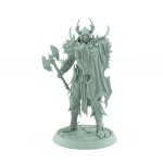 vampire miniature in full armor with horned helm axe and skull shield standing on stone base