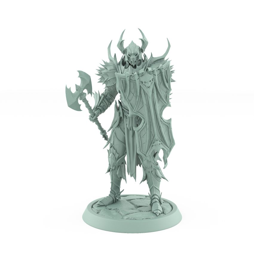 vampire miniature in full armor with horned helm axe and skull shield standing on stone base