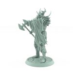 vampire miniature in full armor with horned helm axe and skull shield standing on stone base