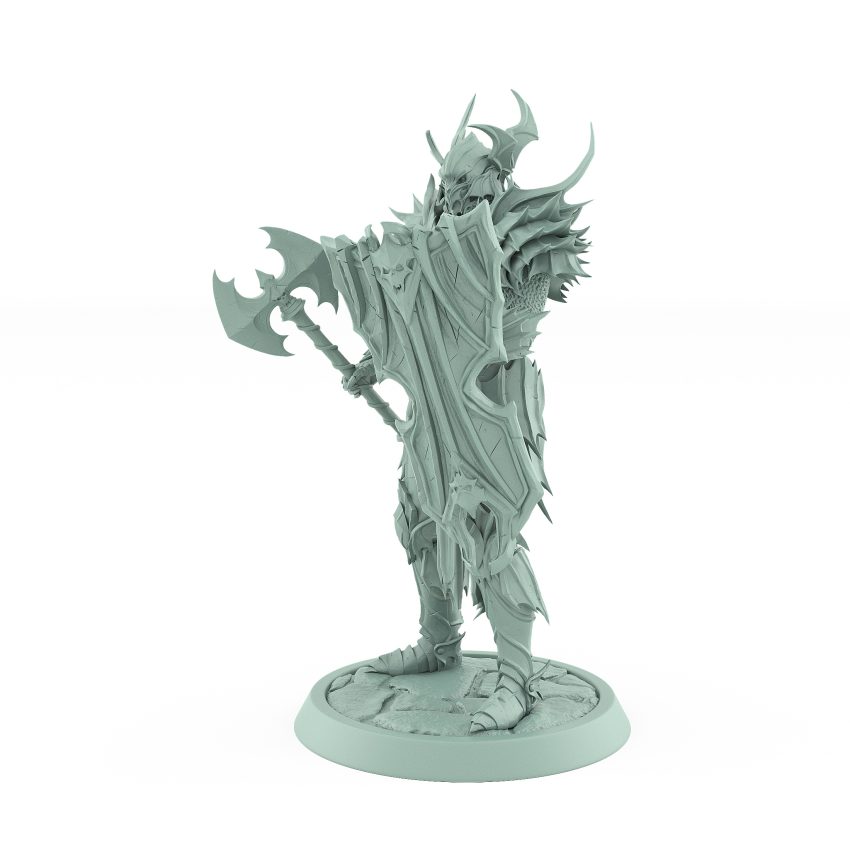 vampire miniature in full armor with horned helm axe and skull shield standing on stone base