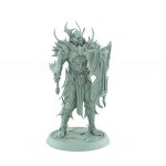 vampire miniature in full armor with horned helm axe and skull shield standing on stone base