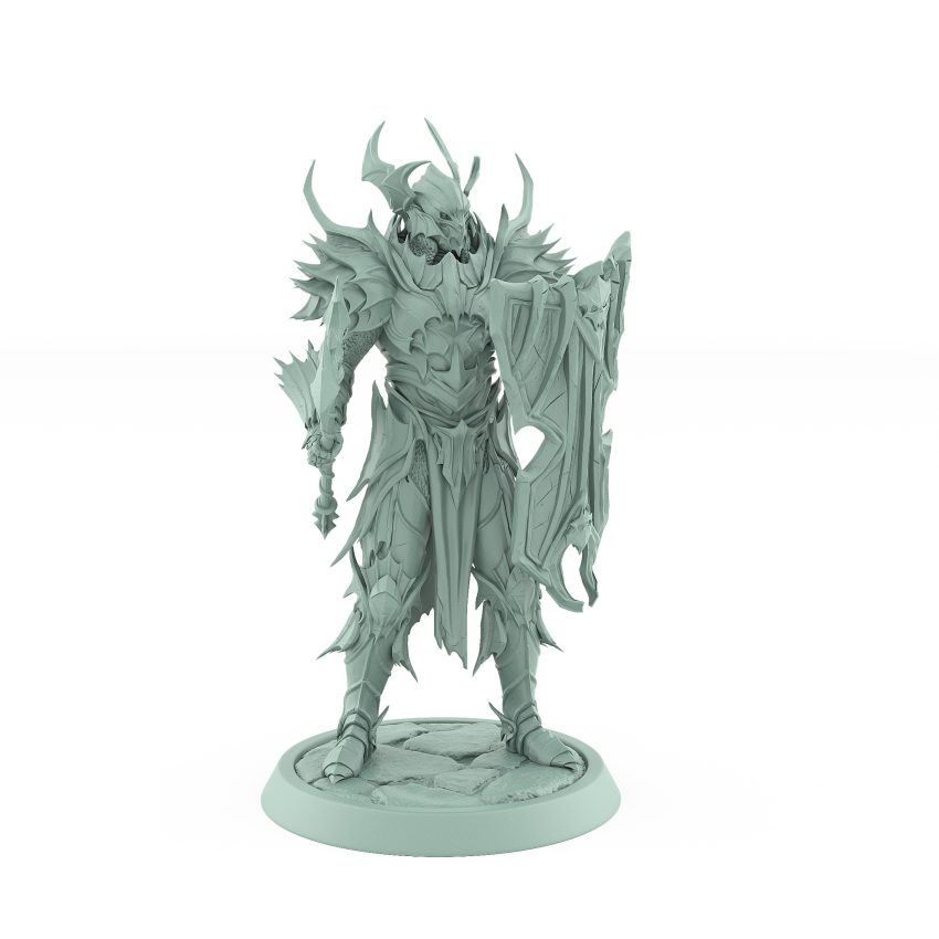 vampire miniature in full armor with horned helm axe and skull shield standing on stone base