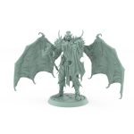 standing vampire miniature with bat wings raised axe and ornate armor on stone base