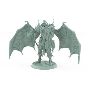 standing vampire miniature with bat wings raised axe and ornate armor on stone base